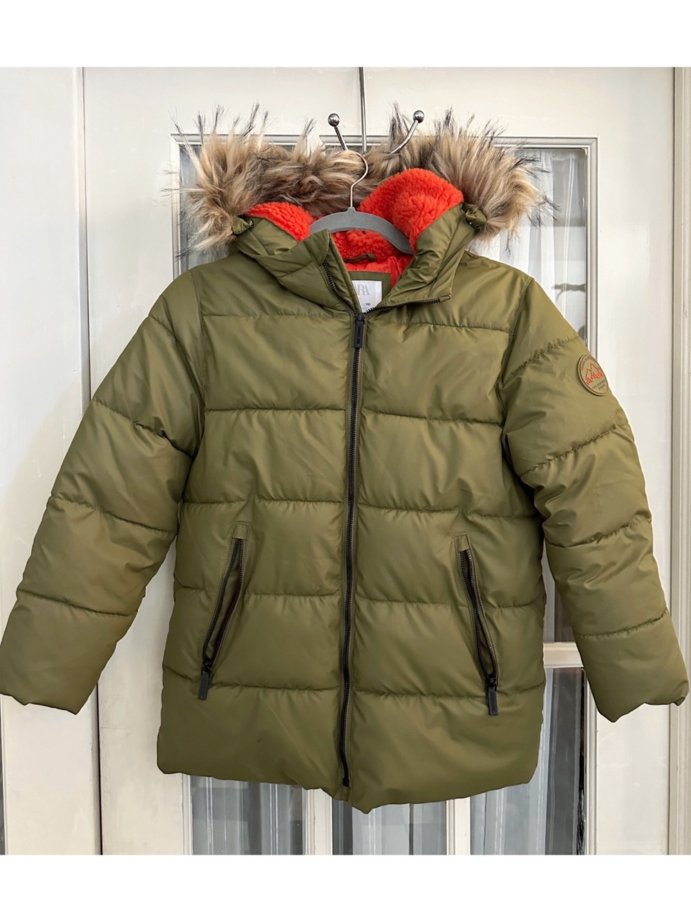 Zara Kids Olive Puffer Jacket with Faux-Fur Hood